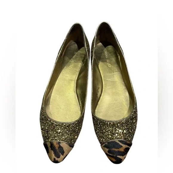 Nine West Gold Glitter Flats with Leopard Print Toe size 7 - Picture 2 of 5